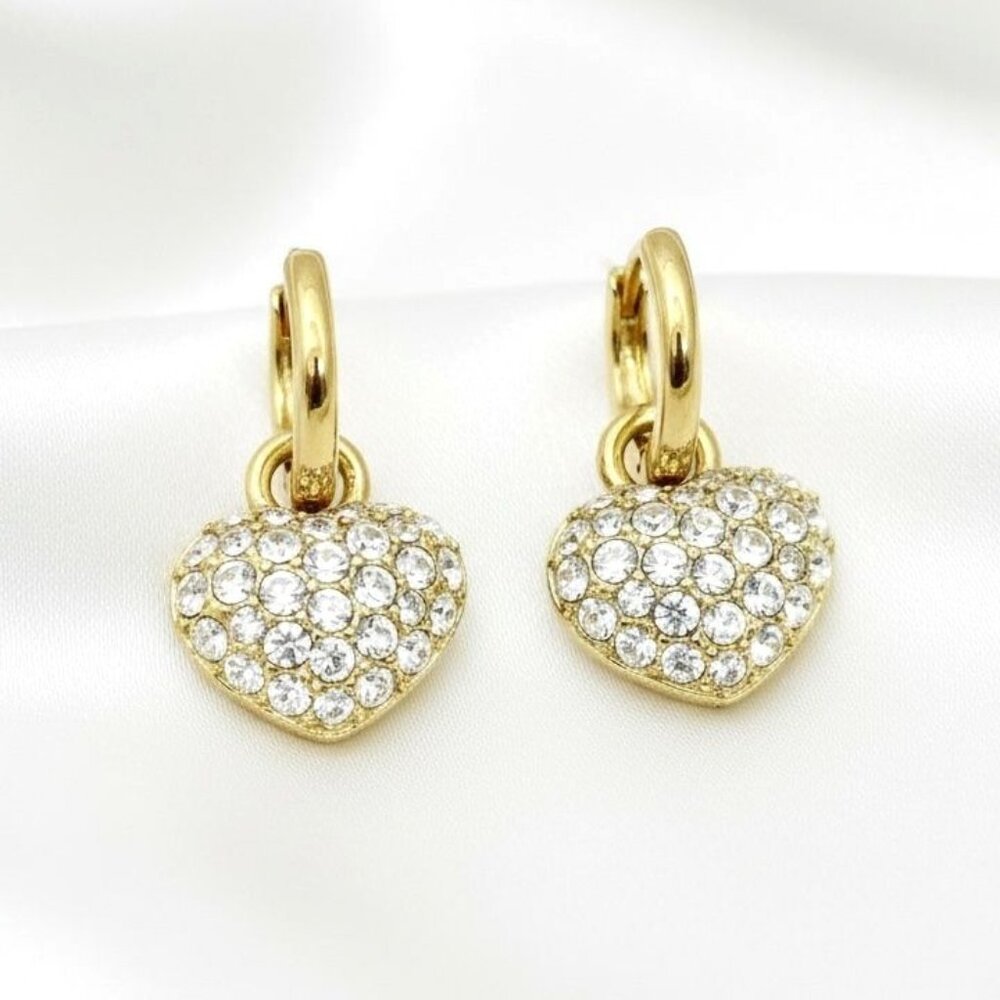 Vintage Swarovski Gold Tone Heart Earrings with Crystals Half Hoop Dangles